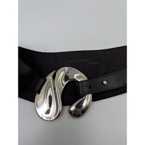 Vintage STEPHEN DANIELS Black Leather Wide Cinch Belt Abstract Silver Buckle